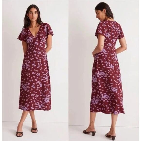 Madewell Cabernet Floral V-Neck Flutter Sleeve Midi Dress Size 2 - Picture 1 of 6